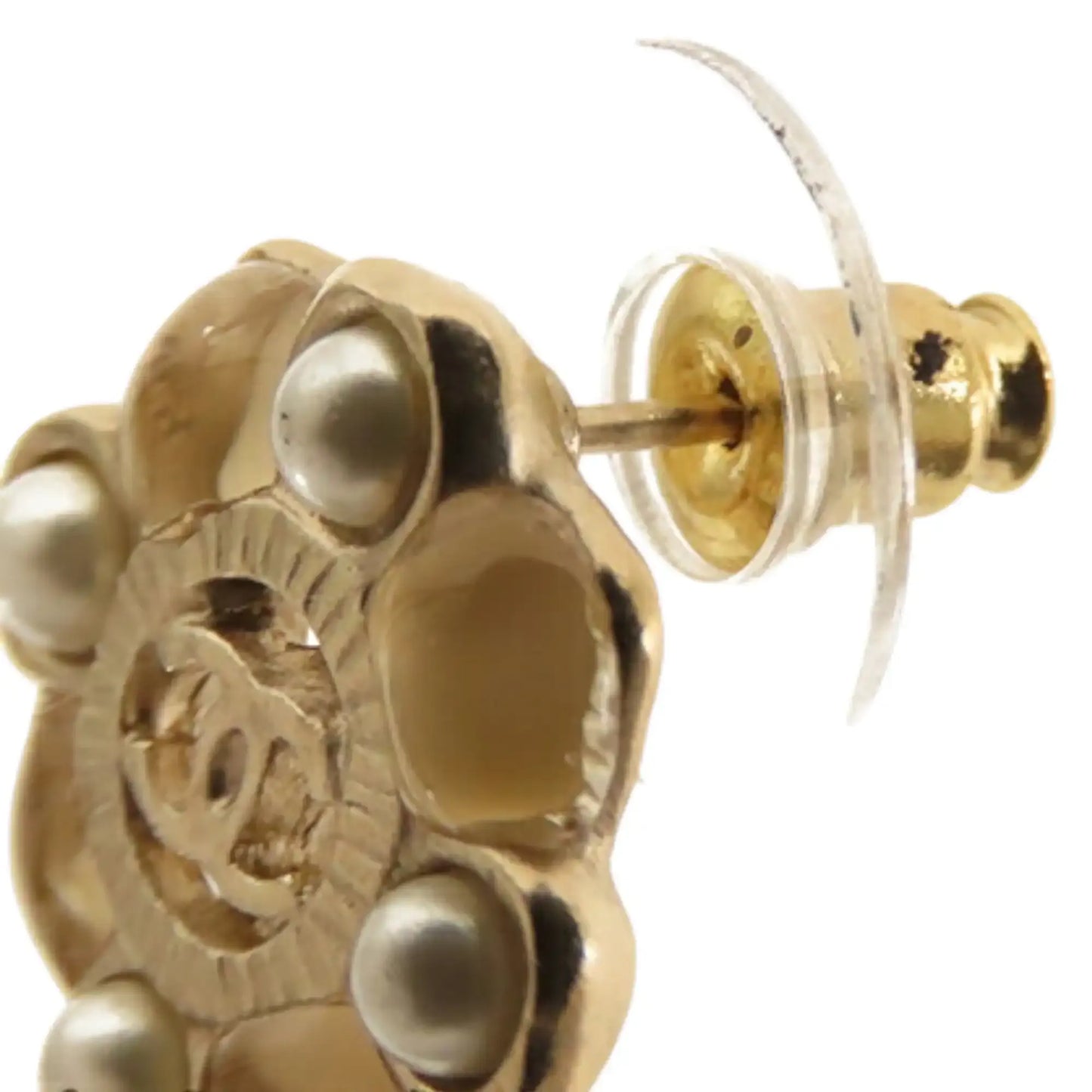 Chanel CC Gold Plated Resin and Faux Pearl Push Back Earrings