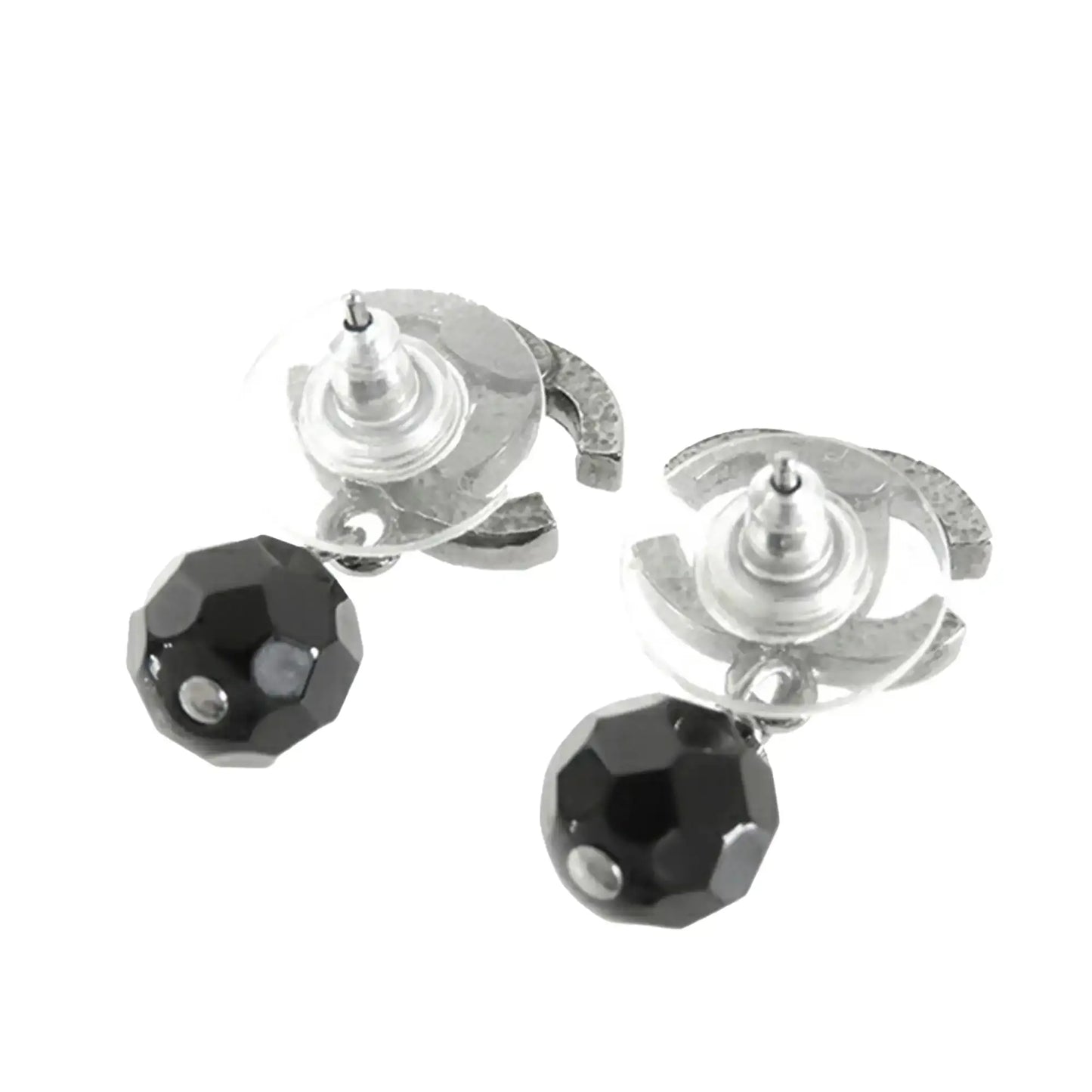 Chanel CC Silver Plated Bead Drop Push Back Earrings