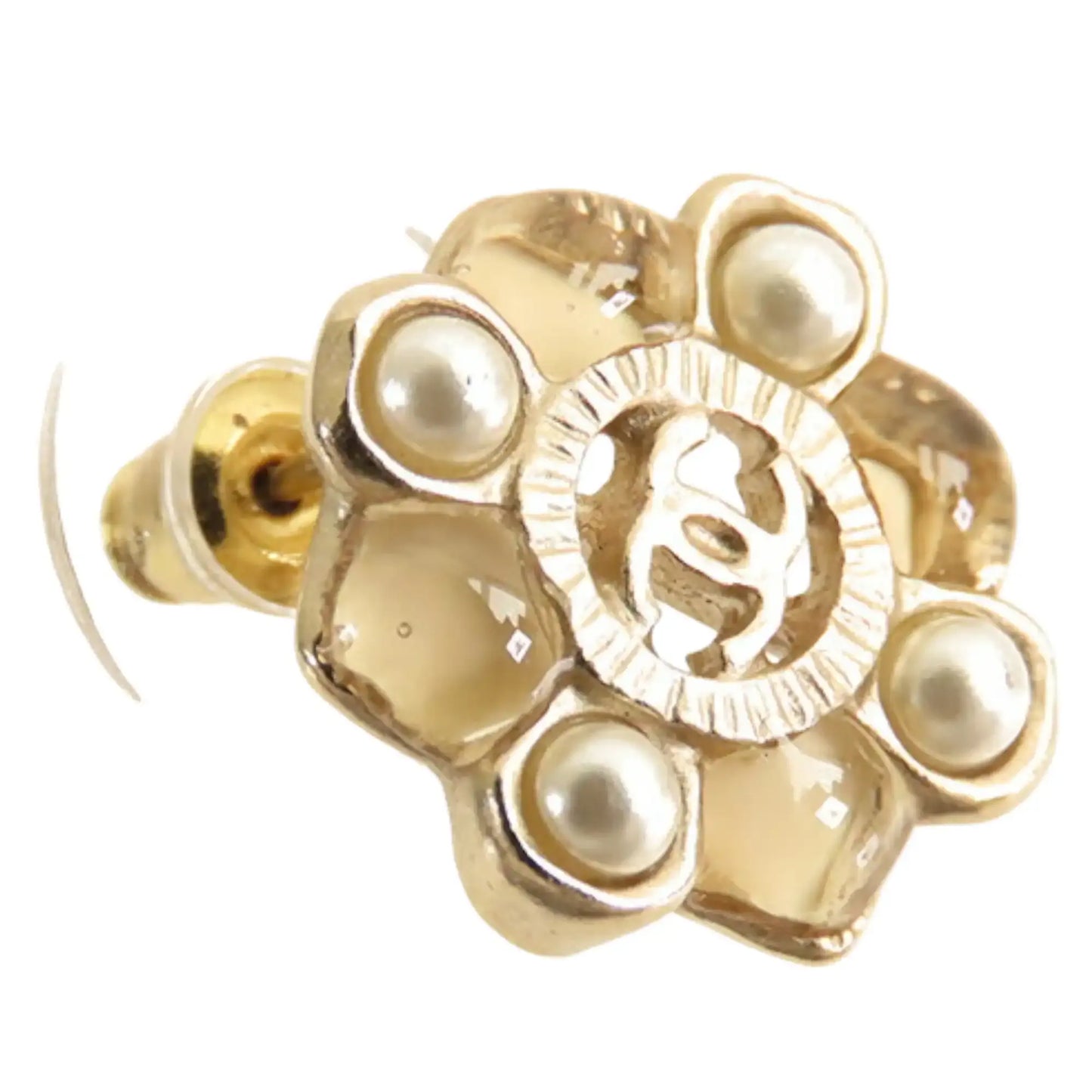 Chanel CC Gold Plated Resin and Faux Pearl Push Back Earrings
