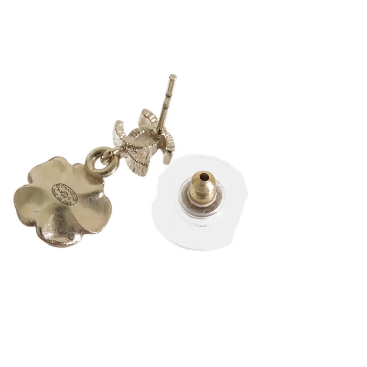 Chanel Gold Plated Enamel and Rhinestone CC Flower Drop Push Back Earrings