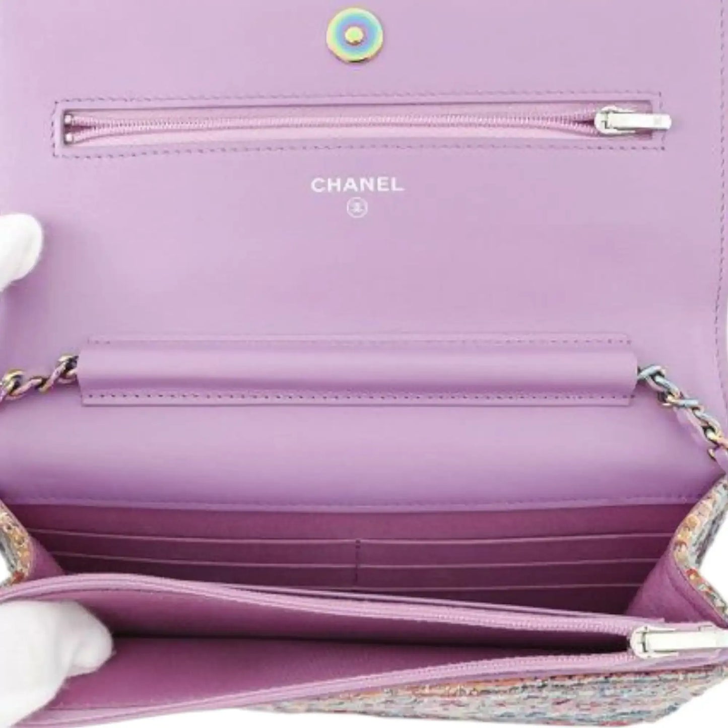 Chanel CC Quilted Tweed Rainbow Hardware Wallet on Chain