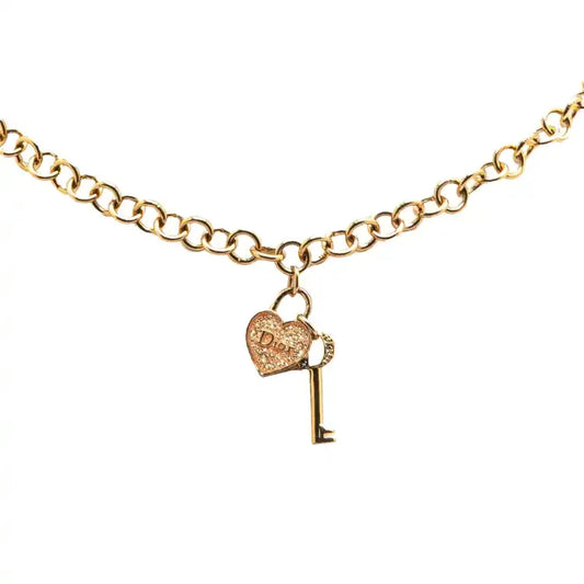 Dior Gold Plated Heart Padlock and Key Pendant Necklace