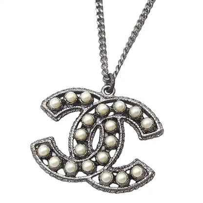 Chanel CC Silver Plated Faux Pearl Pendant Necklace